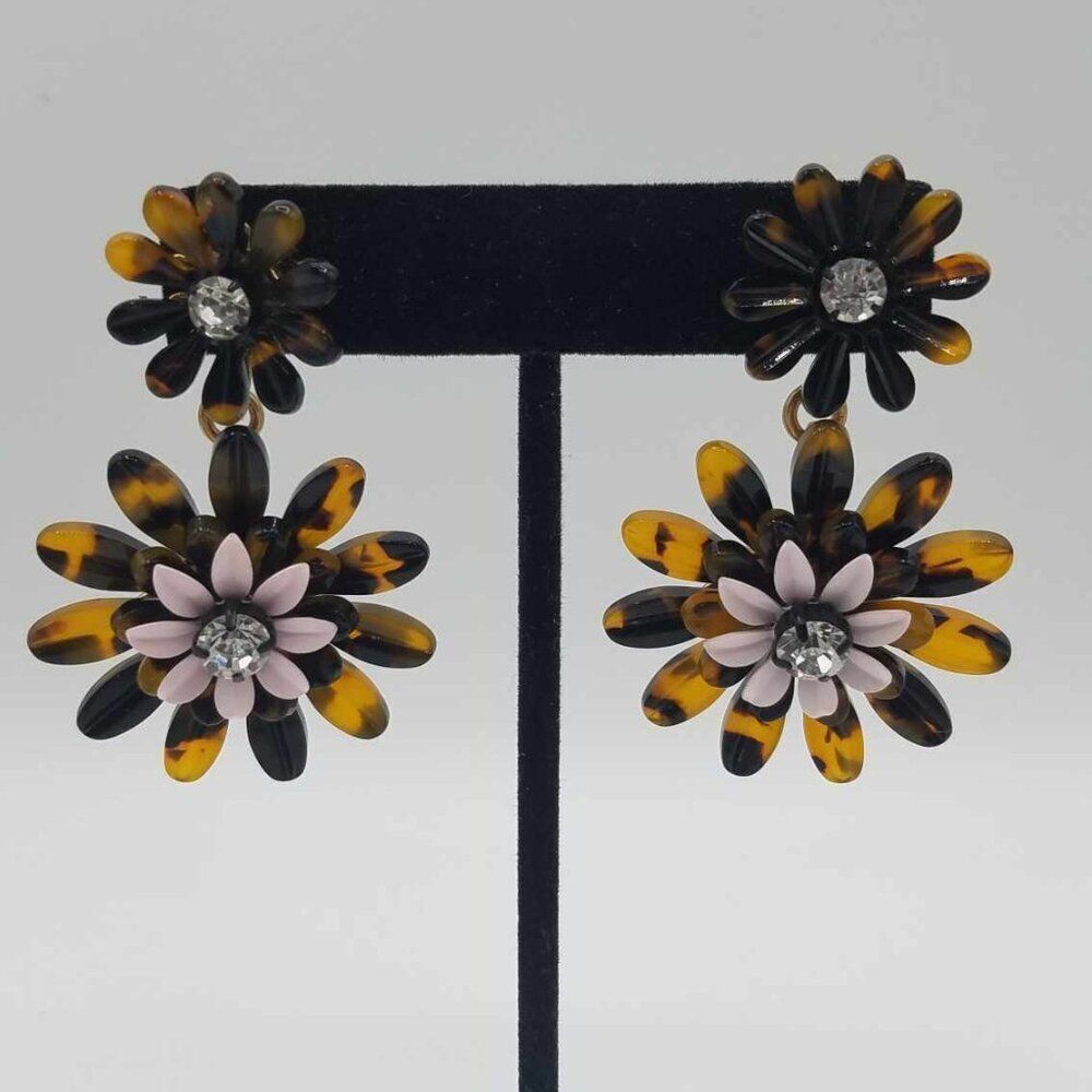 J. Crew Factory Tortoiseshell and Pink Flower Drop Earrings with Crystal Centers